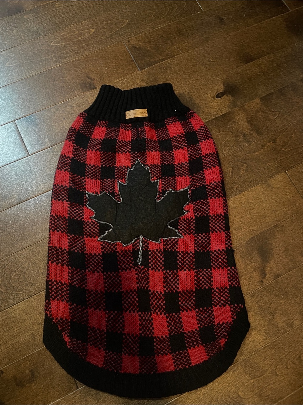 Buffalo Plaid Red & Black Dog Sweater with Maple Leaf Accent